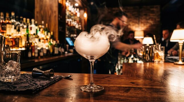 A smoking cocktail glass sits on a wooden bar with a jigger and rocks glass nearby, surrounded by a bustling bar scene with bottles and patrons in the background at night.