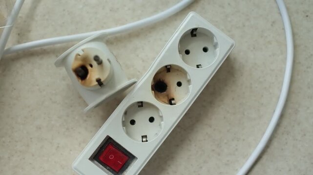 Burned power strip and damaged electrical plug caused by overheating, short circuit, overload and fire hazard in home.