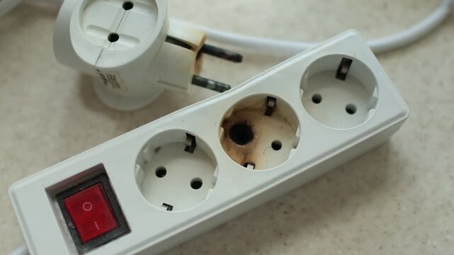 Burned power strip and damaged electrical plug caused by overheating, short circuit, overload and fire hazard in home.