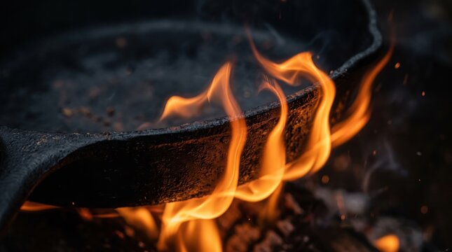 A close-up view of a cast iron skillet sitting over high flames with fire licking at the side and embers scattered around.