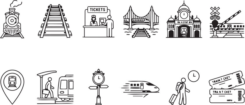 Set of black and white railway icons featuring trains stations tracks tickets and travel symbols in a clean minimalist style