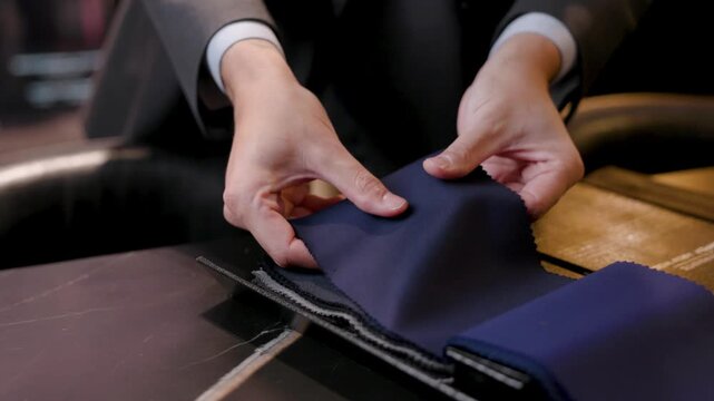closeup of hands feeling and selecting different quality fabrics from a fabric book