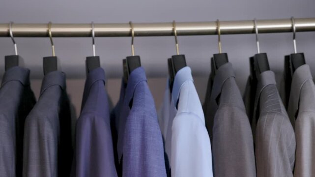 multiple suits on hangers in a closet