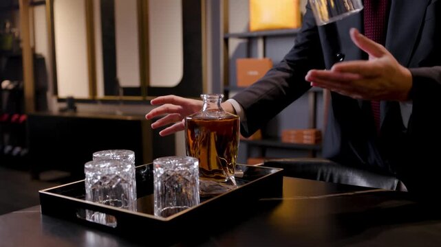 bartender serves a drink in a glass with a trick