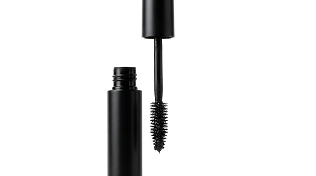 Black mascara wand and open tube on white background, professional eyelash makeup applicator, cosmetic beauty product for eye lash volume and length