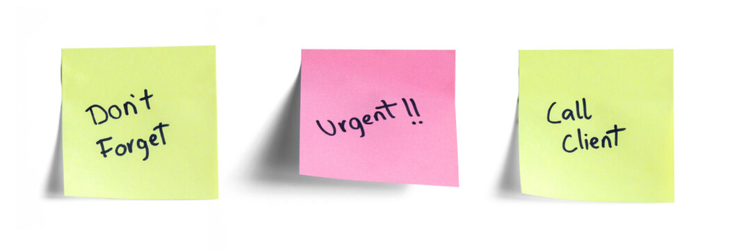 Urgent Office Sticky Notes Set with Work Reminders and tasks Isolated on Transparent Background. Handwritten urgent messages on post-it notes whit Urgent, call client and dont forget