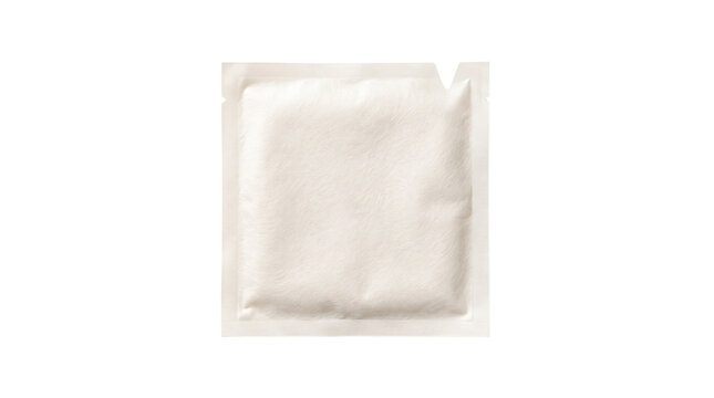 White paper sachet mockup on white background, blank square pouch for sugar or salt, small condiment packet for food packaging design