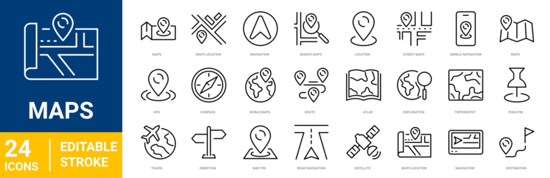 Maps line editable icon set. Containing maps, location, GPS, navigation, city map, atlas, route, direction, pin and more. vector illustration