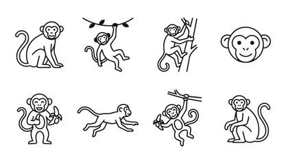 Set of eight minimalist line art monkey illustrations in various poses including sitting, hanging from vines, climbing trees, and eating bananas. © Ona