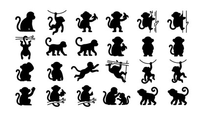Large collection of twenty-four black monkey silhouettes in diverse poses including sitting, hanging, climbing, jumping, and eating, perfect for jungle-themed designs. © Ona