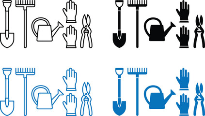 Gardening tools icon set, garden shovel rake and watering can vector elements for agriculture backyard equipment design © MDRAJU