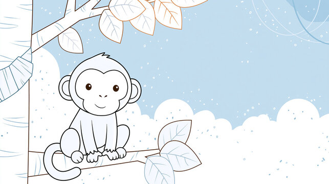 Cute cartoon monkey sitting on a tree branch ready to be colored, children's coloring book animal illustration, jungle wildlife concept design, with copy space
