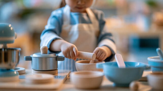 Faceless little girl pretending to be a chef in a toy kitchen, imaginative role play and early learning, defocused playroom in background, girl toy kitchen roleplay concept