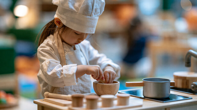 Faceless little girl pretending to be a chef in a toy kitchen, imaginative role play and early learning, defocused playroom in background, girl toy kitchen roleplay concept