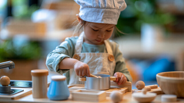 Faceless little girl pretending to be a chef in a toy kitchen, imaginative role play and early learning, defocused playroom in background, girl toy kitchen roleplay concept