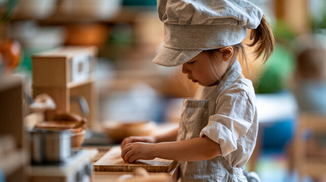 Faceless little girl pretending to be a chef in a toy kitchen, imaginative role play and early learning, defocused playroom in background, girl toy kitchen roleplay concept