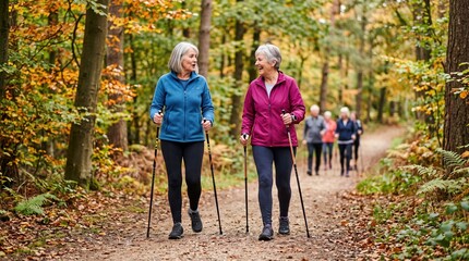 Fototapeta premium Two happy senior women enjoy nordic walking through a vibrant autumn forest with friends. This scene is perfect for retirement living brochures and wellness marketing campaigns.