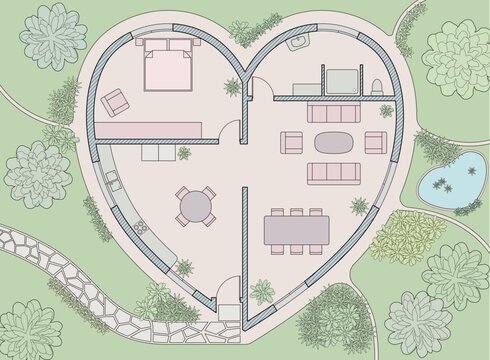 Pastel color floor plan of heart shaped dream house with garden
