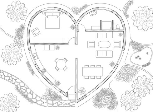 Line art floor plan of heart shaped dream house with garden
