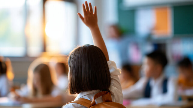Faceless happy Asian schoolgirl raising her hand enthusiastically in a bright sunlit classroom, eager participation in learning, defocused classroom in background, enthusiastic