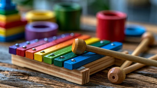 Applied behavior analysis educational toys and xylophone for childhood development, colorful learning tool concept photography, with copy space