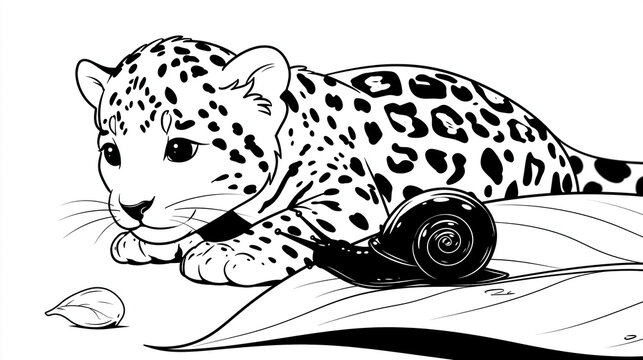 Cute leopard playing with a snail on a leaf, black line art vector illustration for kids coloring page design, children's activity concept illustration, with copy space
