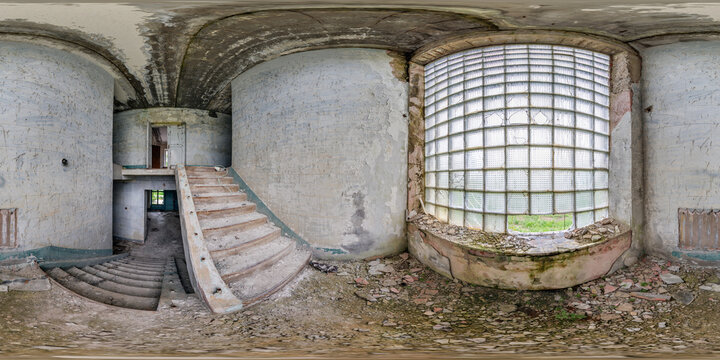 full hdri 360 panorama in empty dirty room in abandoned building damaged by explosion in entrance with old staircase in spherical equirectangular projection, ready AR VR virtual reality content