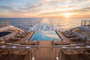 Fototapeta premium Elegant yacht deck with central infinity pool, teak flooring, sun loungers, and polished railings facing calm open water at sunset, creating relaxed luxury travel atmosphere with wide ocean view