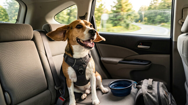Beagle dog sitting on back seat of car. Happy pet wearing harness inside vehicle during road trip. Concept of safe animal travel and adventure with canine friend on summer holiday.