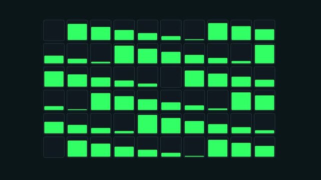 Digital audio equalizer interface with pulsing green sound bars for music visualization and data analysis animation 4k
