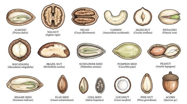 Illustration of Various Nuts and Seeds Cross Section and Whole View Sketch Style