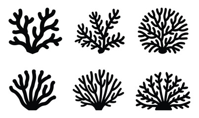 Collection of six diverse black silhouette illustrations of coral reefs in different branching patterns against a white background © Sujon Sharma