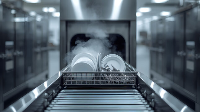 Clean white dishes and cutlery steaming out of a professional industrial dishwasher