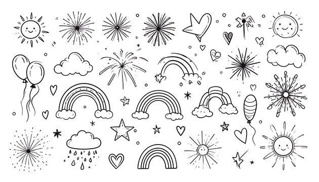 Collection of hand-drawn doodle elements, sunny clouds, rainbows, stars, and festive bursts, simple line art for design