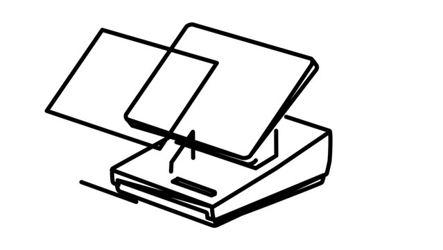 A simple clean flat vector line icon showing a cash register for point of sale interfaces, small business branding, receipts, and retail menus.