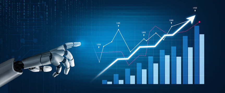 A futuristic robotic hand points at a graph demonstrating significant growth in data analysis. This image symbolizes technology advancement and digital transformation in business sectors. Scalp