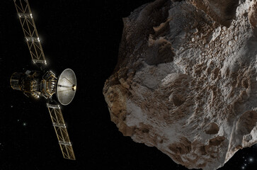 Satellite in Space passing asteroid, 3d animation © Mikael Damkier