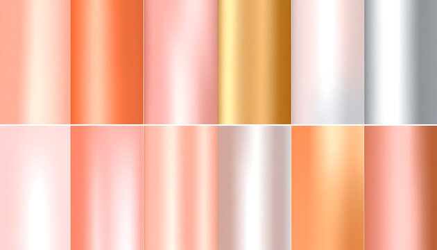 Collection of metallic gradient backgrounds, rose gold, copper, silver, and gold, soft color transitions for design elements