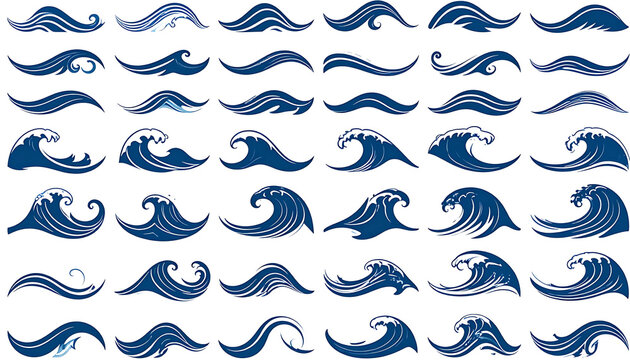 Collection of pixel art wave icons, simple blue digital designs for water elements, ocean motifs, and graphic design