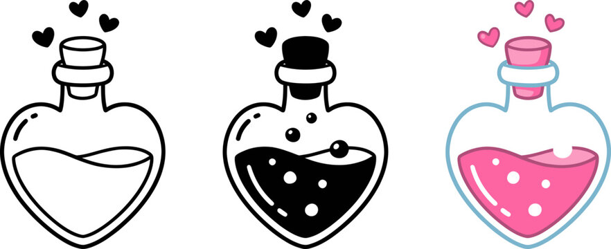 Love potion bottle icons in outline solid and colorful styles with hearts and bubbles for valentine and fantasy designs.