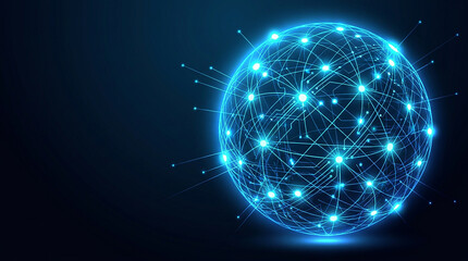 Obraz premium Abstract globe with glowing network connections and lines on dark background.