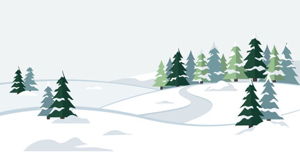 Snow covered winter landscape with pine trees and hills.