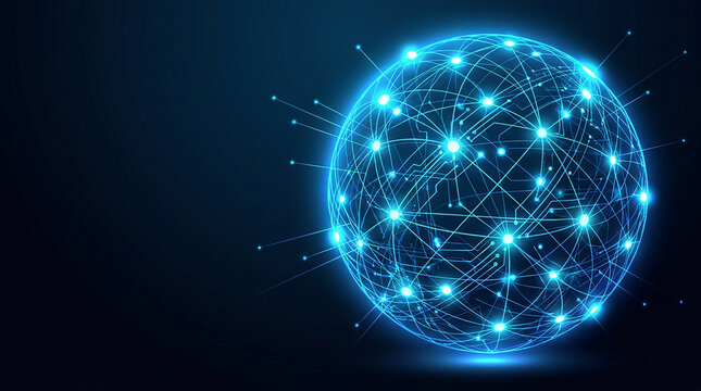 Abstract globe with glowing network connections and lines on dark background.