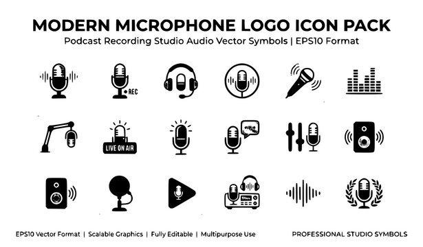 Generate a distinctive vector illustration containing 28 unique microphone icons and branding elements isolated on a solid white background. Create a dynamic staggered arrangement featuring vintage mi