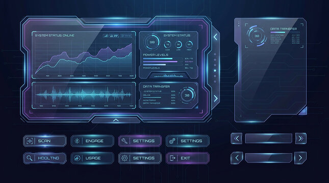 Advanced digital dashboard with futuristic interface elements for data monitoring and system status.