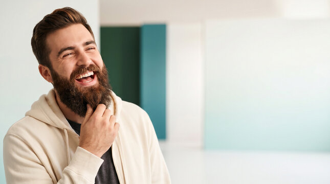 Young man laughing while touching his beard in a modern interior  