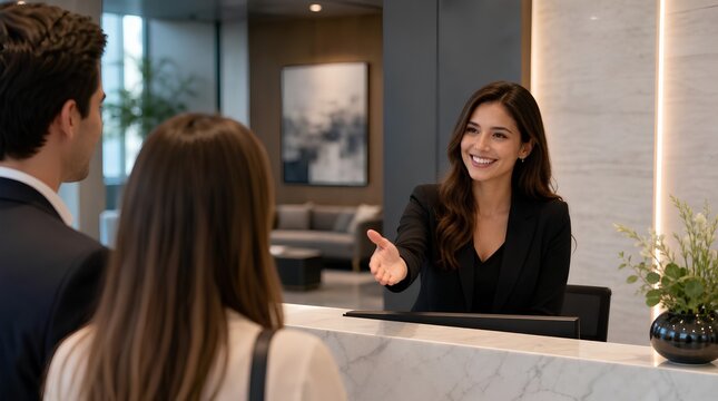 Smiling receptionist in a black blazer welcomes two visitors at a marble front desk in a modern lobby, ideal for hospitality, customer service, or corporate reception promotions.