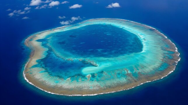 Aerial view of a circular coral atoll with turquoise lagoon and deep blue ocean, ideal for tropical travel advertising or marine conservation themes.