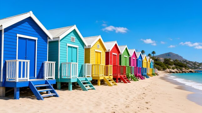 Brightly colored beach huts line a sandy shoreline beside turquoise water under a clear blue sky, perfect for coastal travel and vacation marketing.