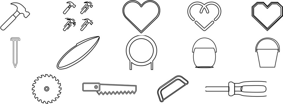 14 tools and construction vector icon set bundle with hammer, nails, paint bucket, heart mark, carpentry, renovation, DIY building, home improvement and workshop symbols